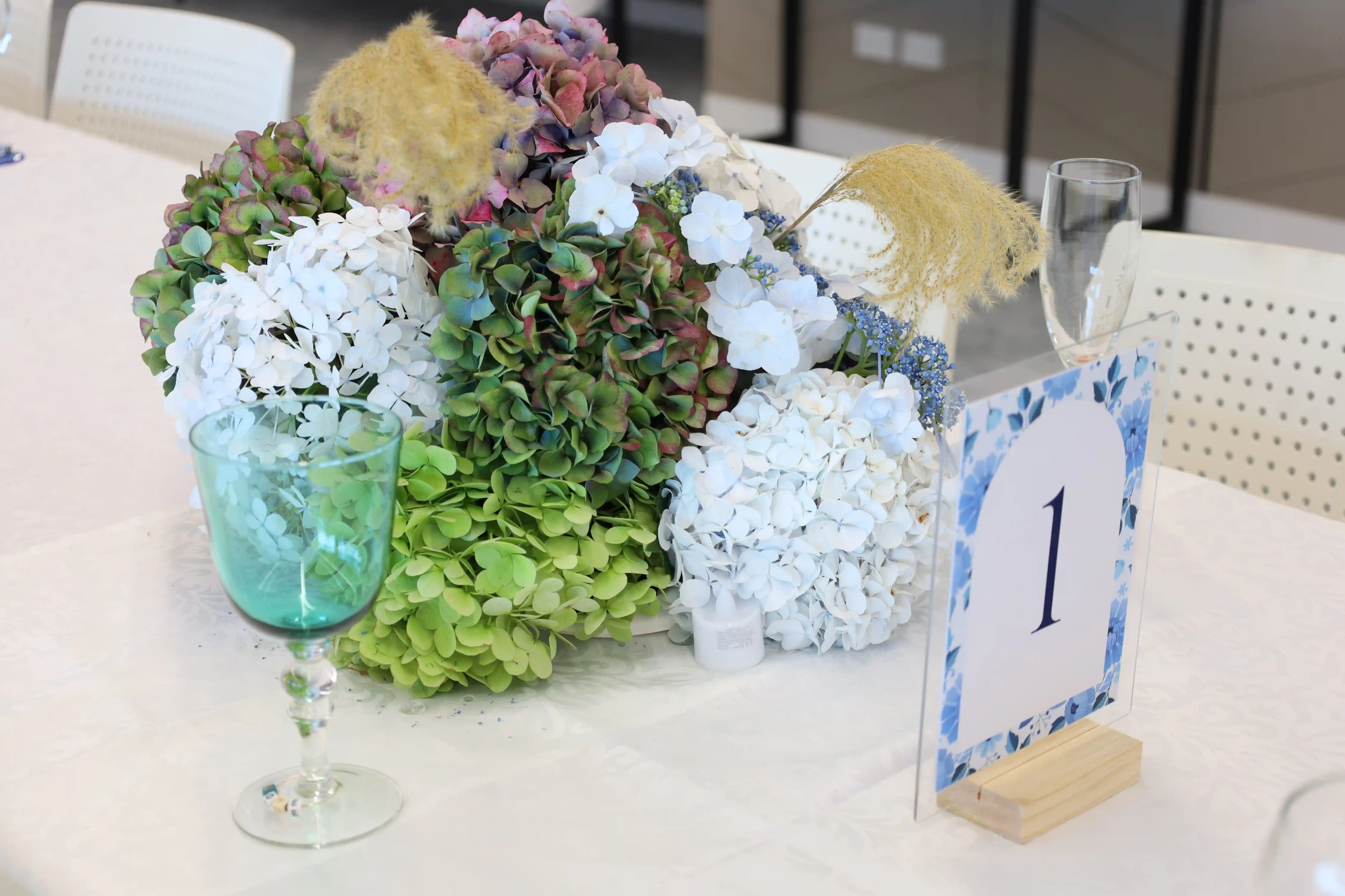 Wedding reception with beach view through windows