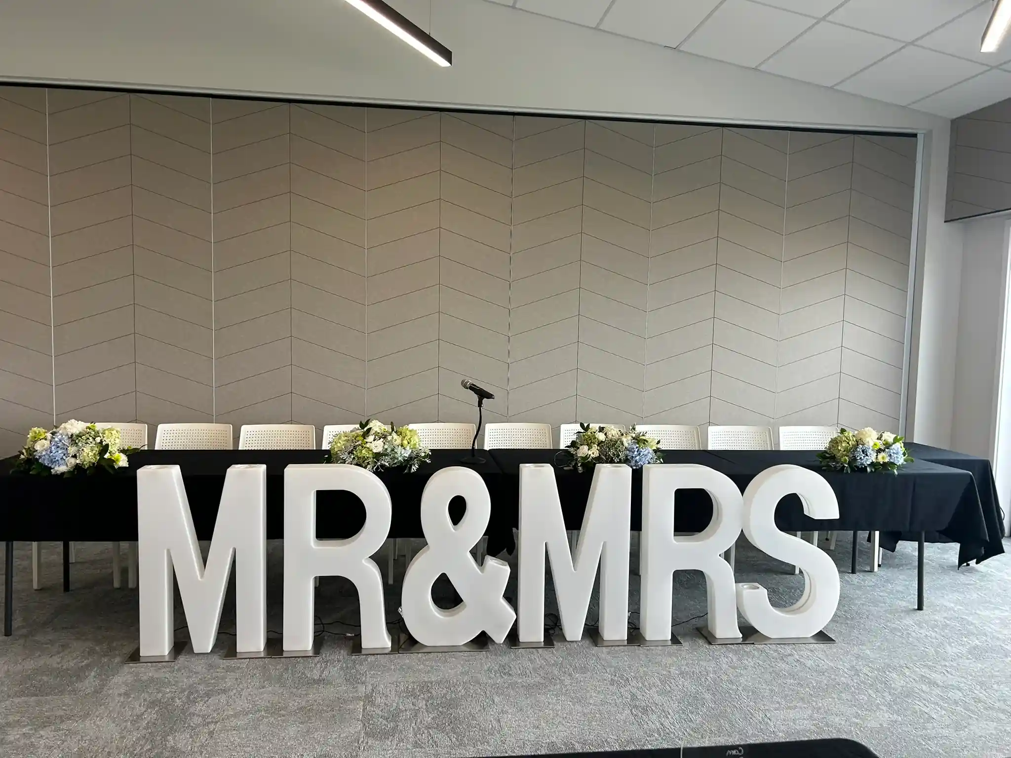 Freestanding Mr and Mrs letters at bridal table at Gisborne wedding venue