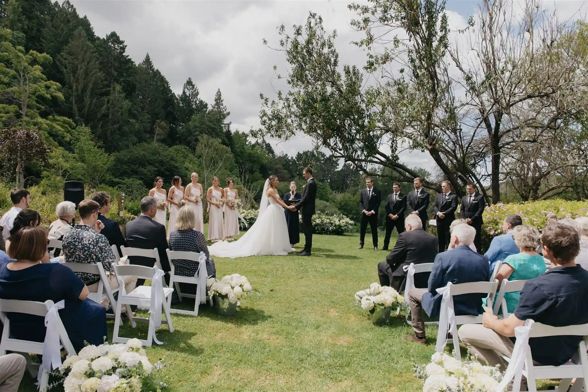Outdoor ceremony on lawn with bridal party and conifers