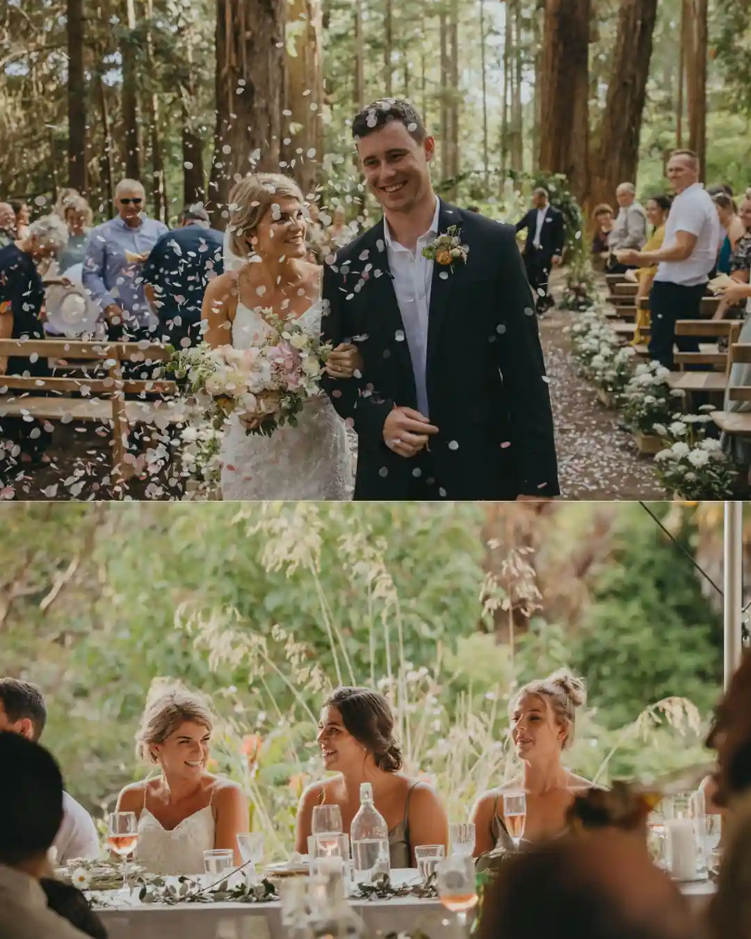 Wedding confetti recessional at Gisborne arboretum